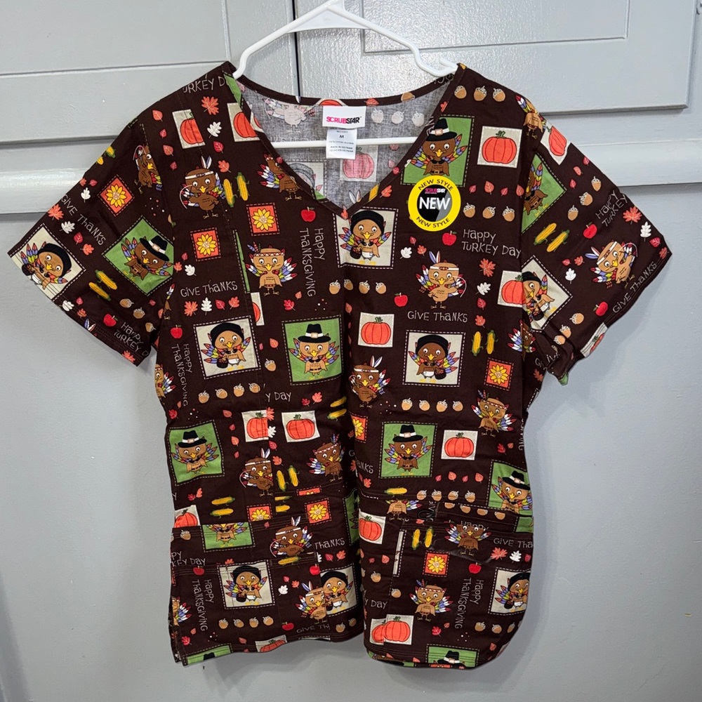 Scrubstar women’s scrub top. Brown Thanksgiving Turkey Print